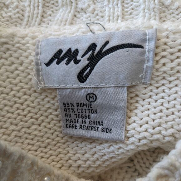 Vintage 90s Sweater Cable Knit Pearl Cropped Off White Coquette Feminine M - Picture 7 of 13